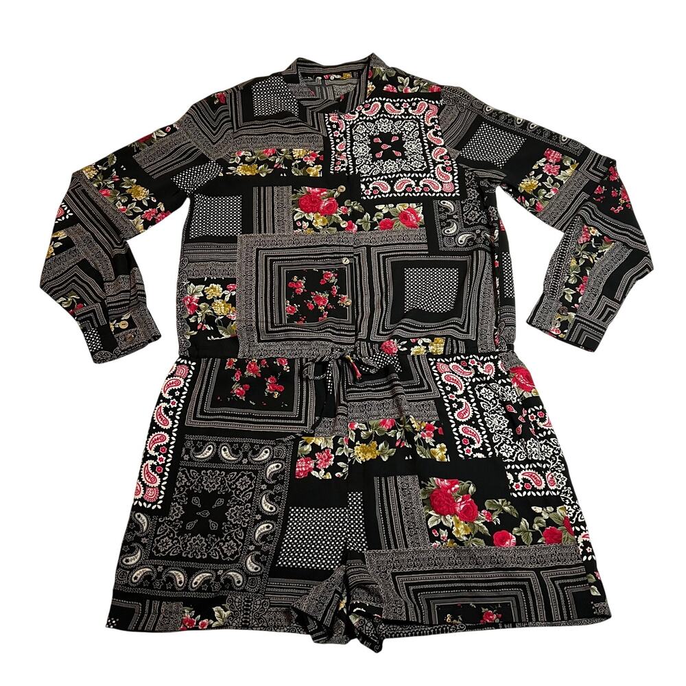 Women's Patchwork Print Romper Size M Festival Boho Lagenlook Casual Colorful